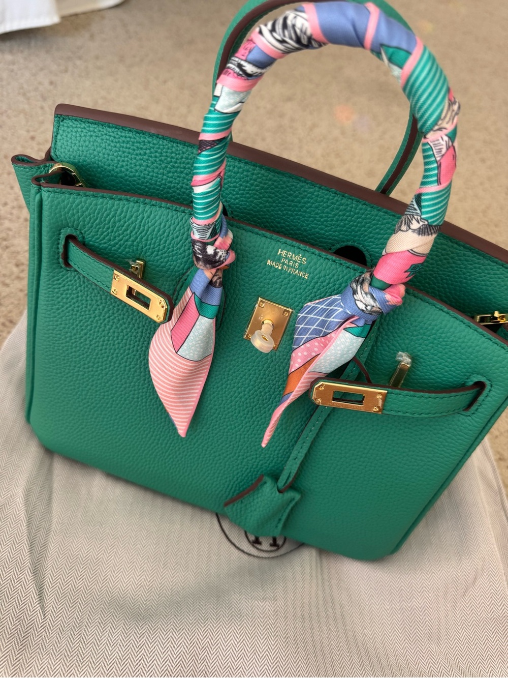 Green Leather Top-Handle Bag with Pink Scarf Accent (Hermes dupe)